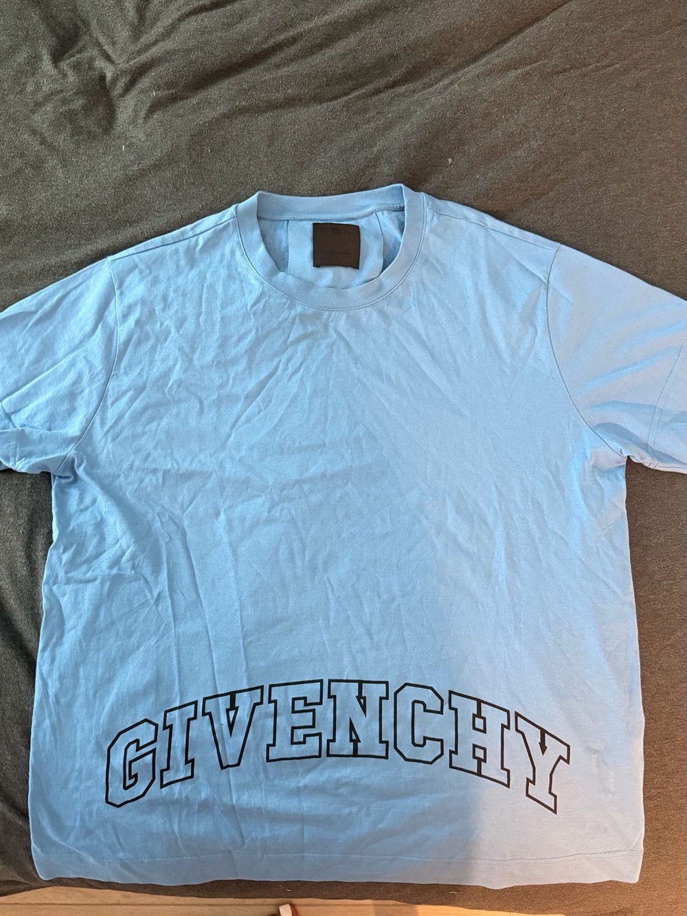 Givenchy Light Blue Crewneck Tee with Arched Hem Logo